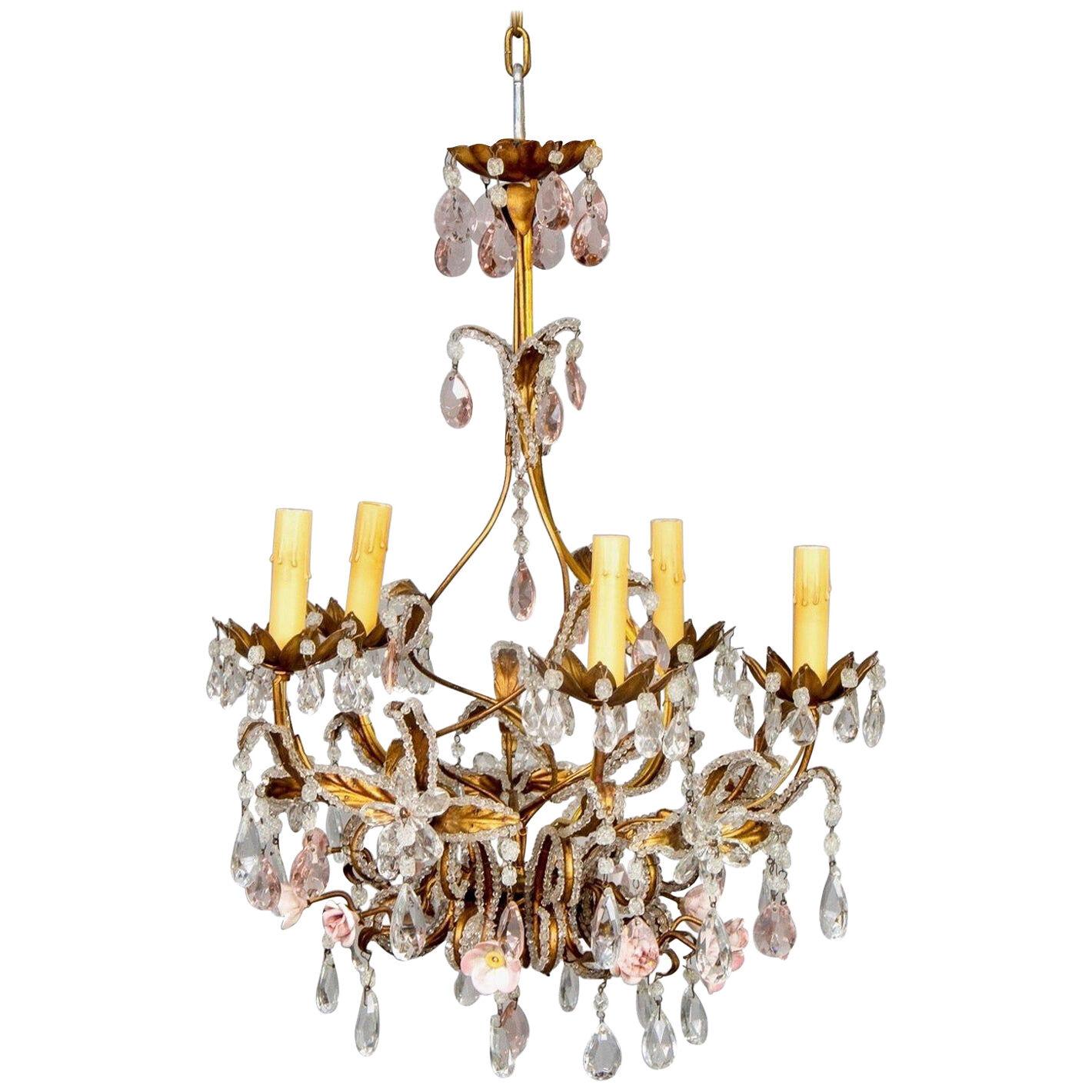 French Five-Light Gilt Metal and Crystal Chandelier with Porcelain Roses