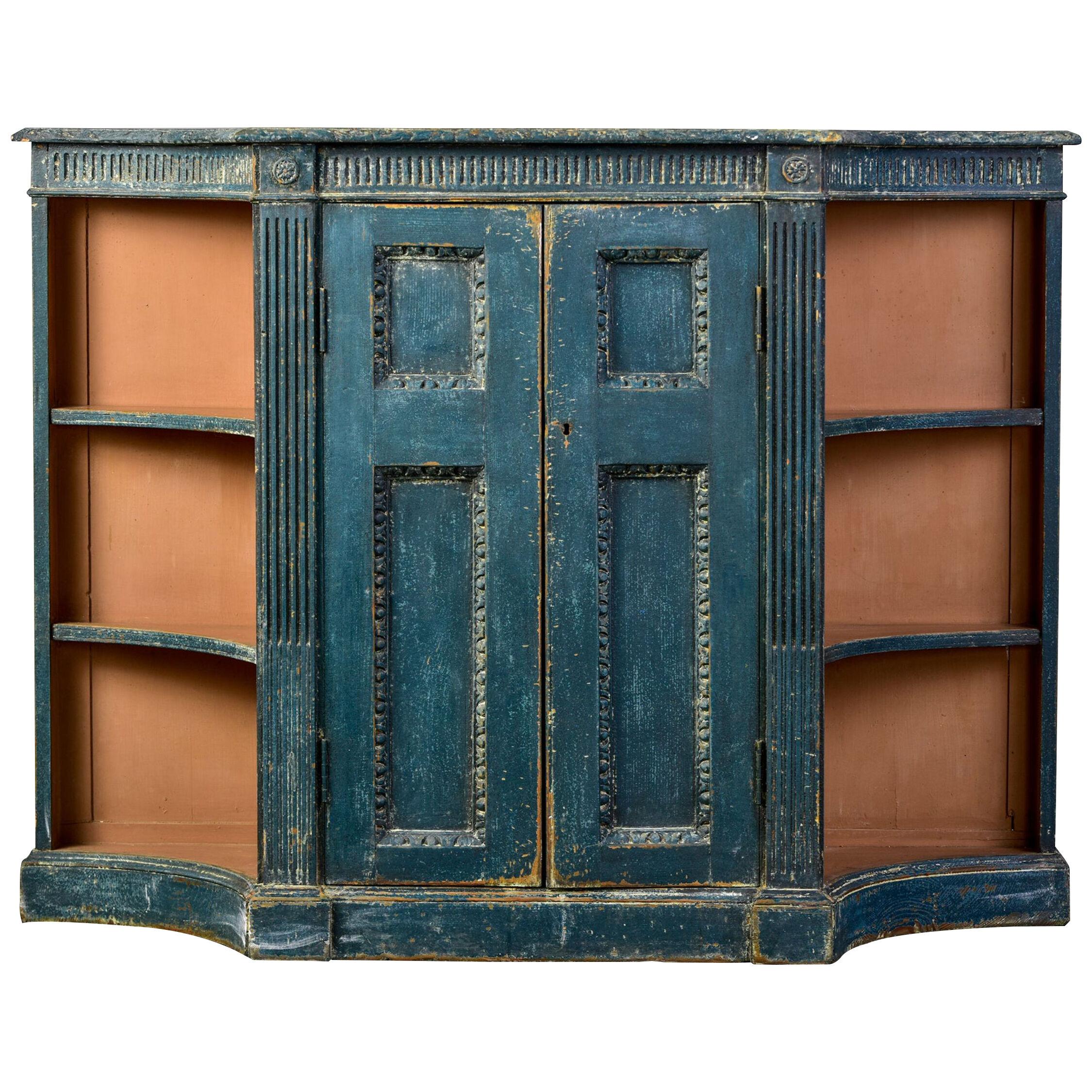 18th C George III Blue Painted Side Cabinet with Open Side Shelves