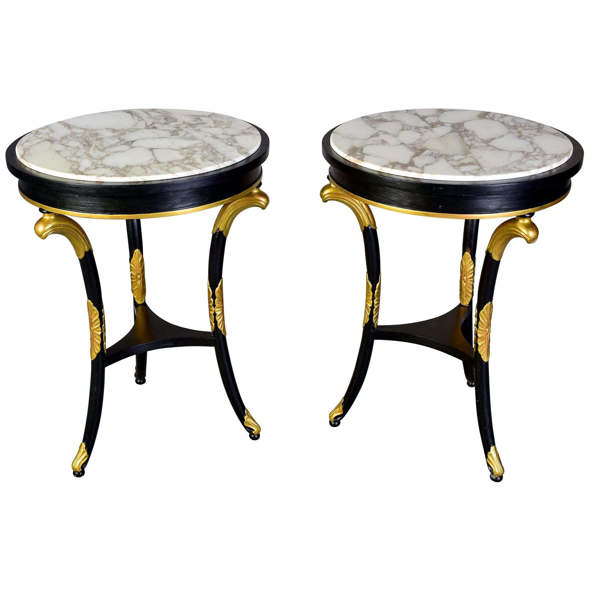 Pair Late 19th C Regency Ebonised Tables With Gilt Wood Fittings and Marble Tops