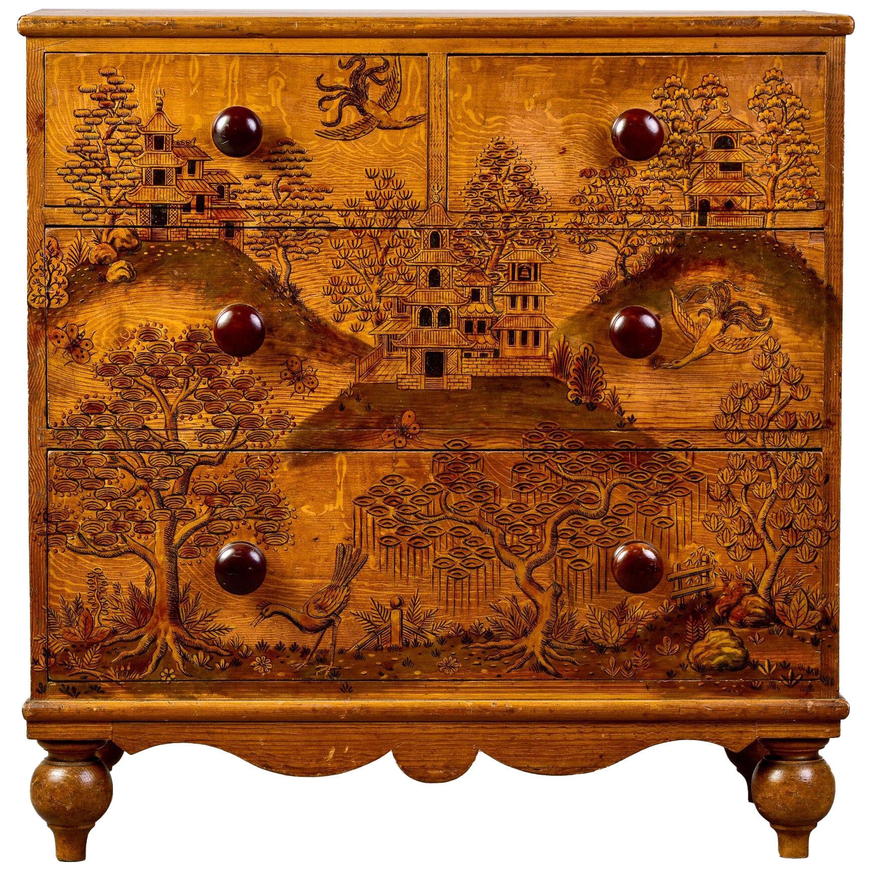 French Pine Four Drawer Chest with Hand Painted Asian Scene