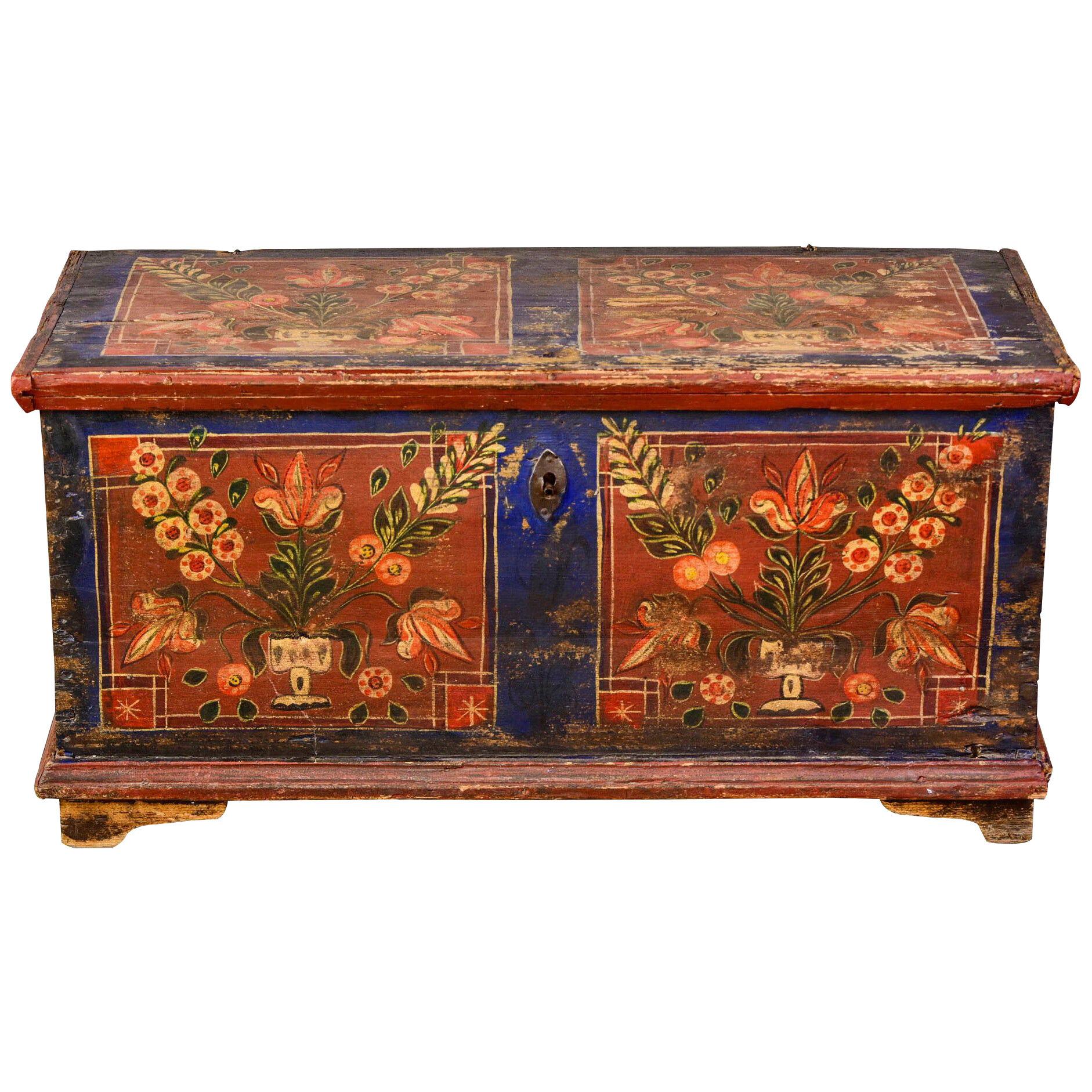 Mid 19th Century Hand Painted Romanian Painted Trunk