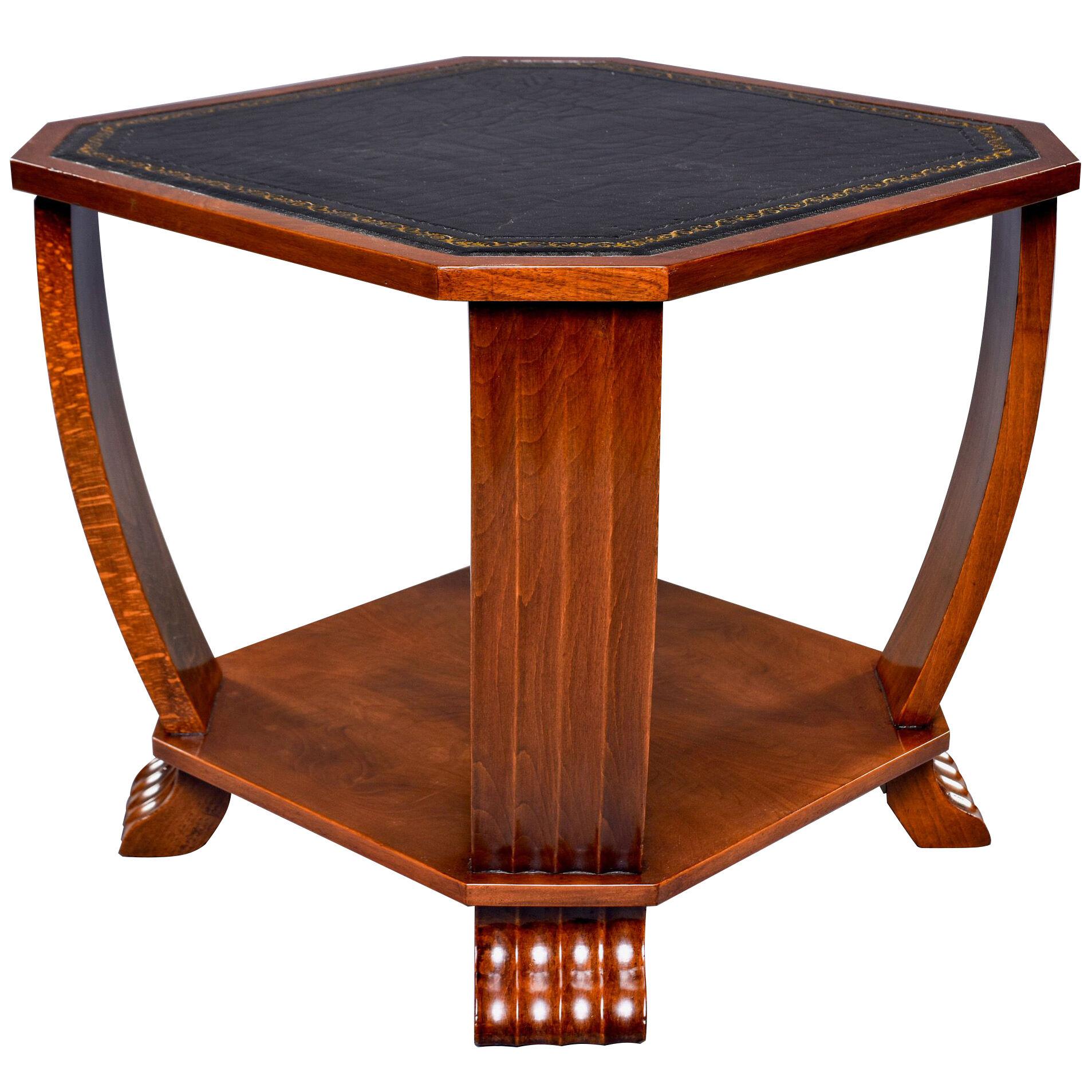French Art Deco Octagonal Shape Side Table With Black Leather Top