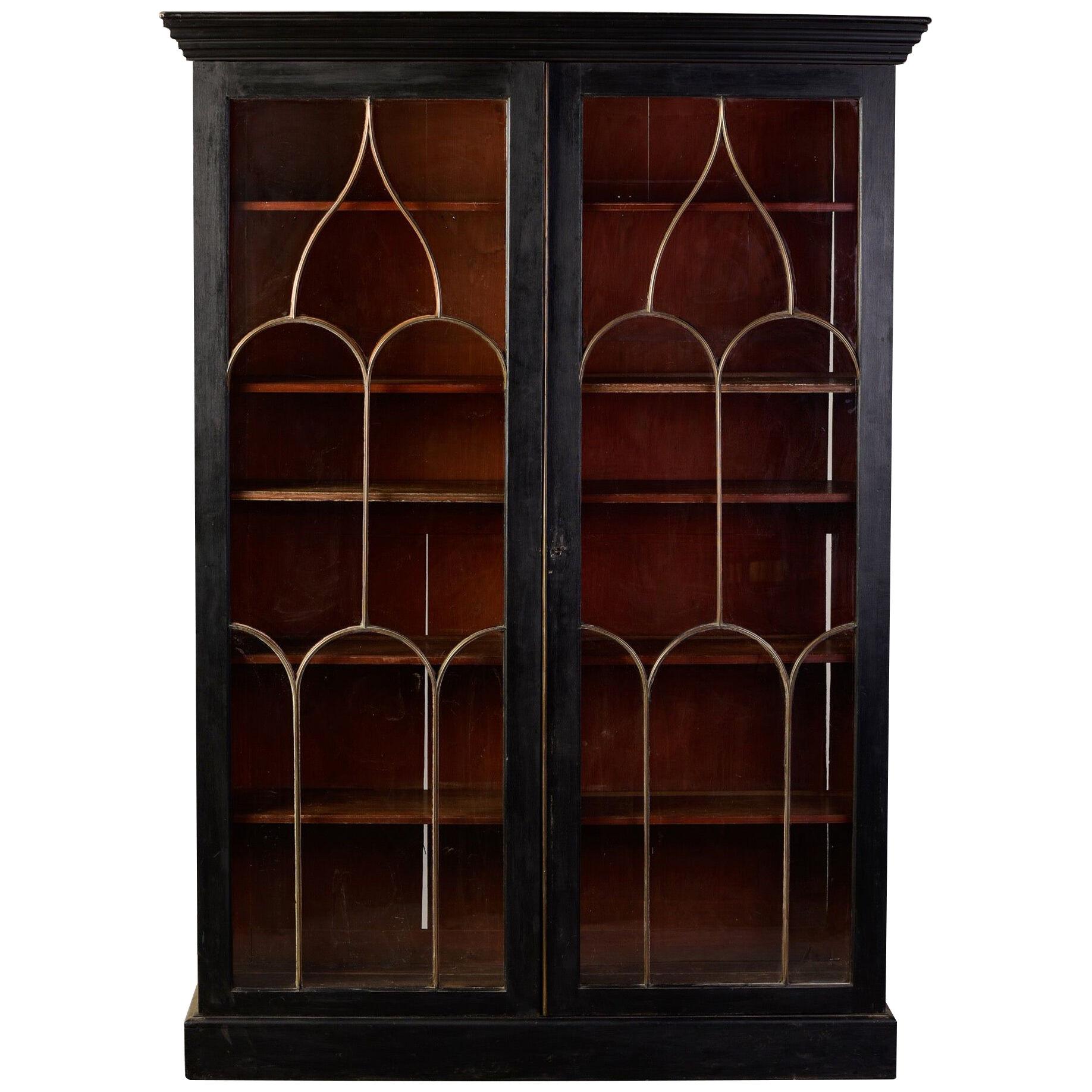Late 19th C English Black Two Door Bookcase with Gothic Brass Glazing Bars