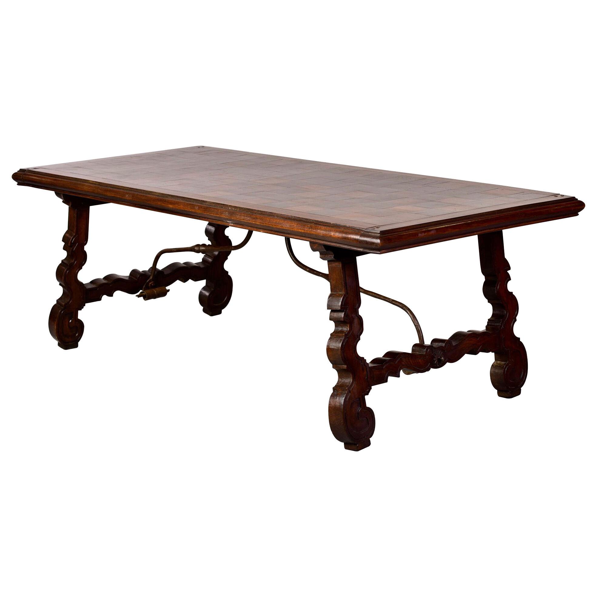 Large 19th C Spanish Walnut Table With Marquetry Top And Iron Stretcher