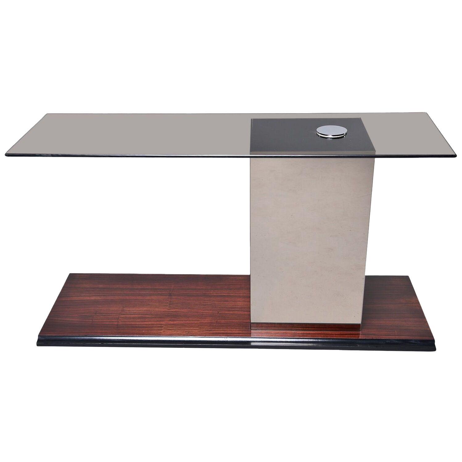  Italian Modernist Glass Top Console with Mirrored Support and Walnut Base