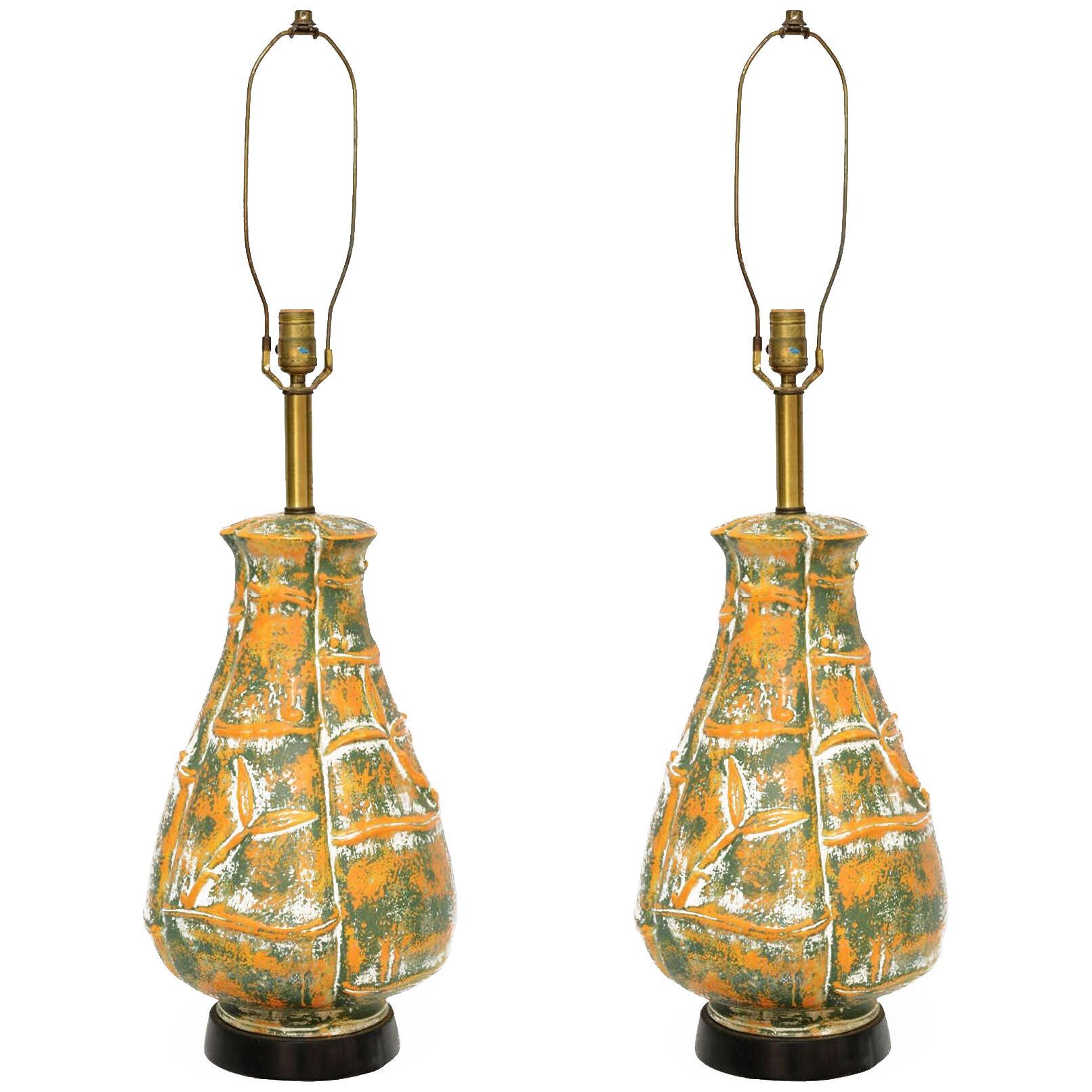 Mid Century Pear Shape Orange and Green Bamboo Pattern Ceramic Oversize Lamps