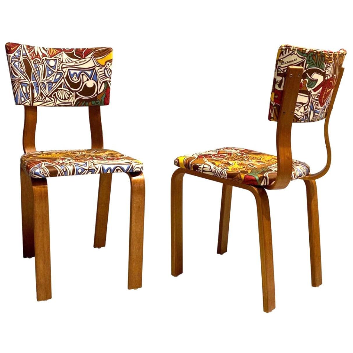 Pair of Joe Atkinson Chairs for Thonet, Pablo Picasso LTD Edition Fabric 1940s 
