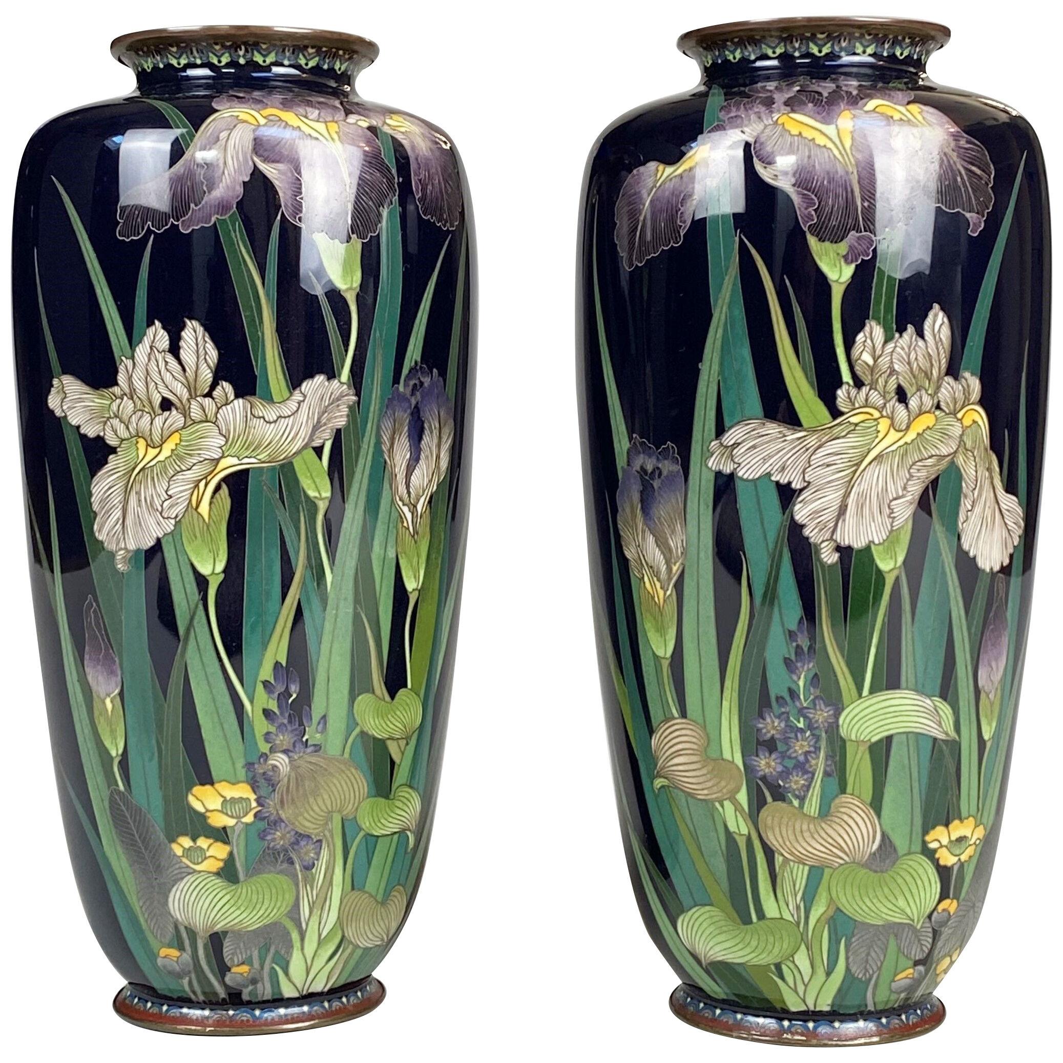 An elegant pair of antique Japanese silver-wire Cloisonne vases 