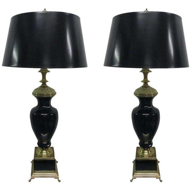 Black Opaline and Brass Lamps Pair