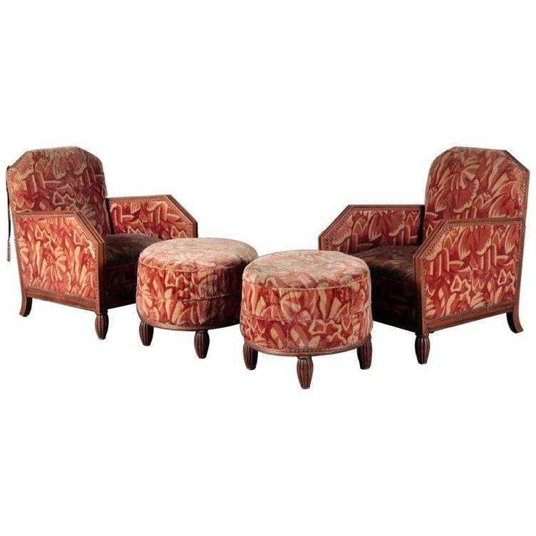 1930s Art Deco Lounge Chairs with Matching Ottomans Manner of Paul Follot, Pair