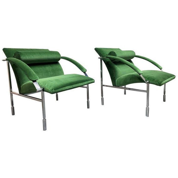 Italian Velvet and Chrome Lounge Chairs Pair