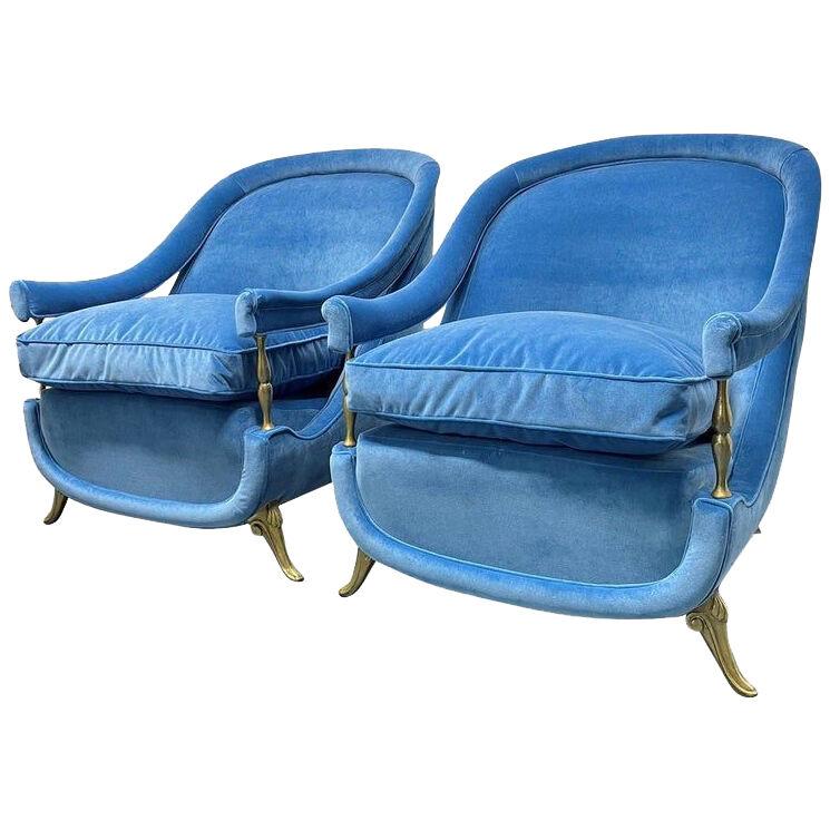 French 1950s Brass and Velvet Lounge Chairs Pair
