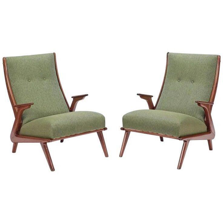 Italian Sculptural Walnut Lounge Chairs, Pairs