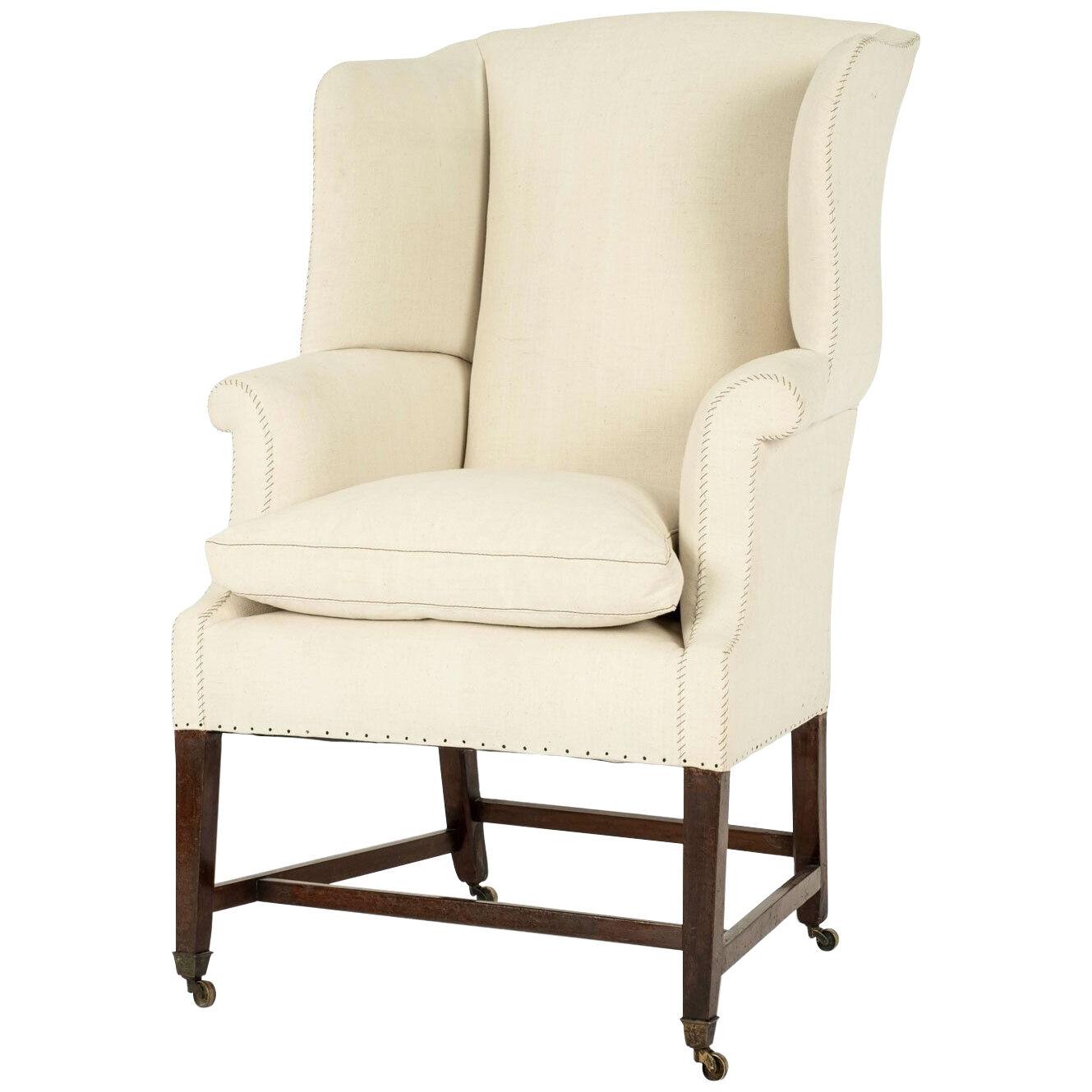 19th Century Wingback Upholstered in Antique Linen