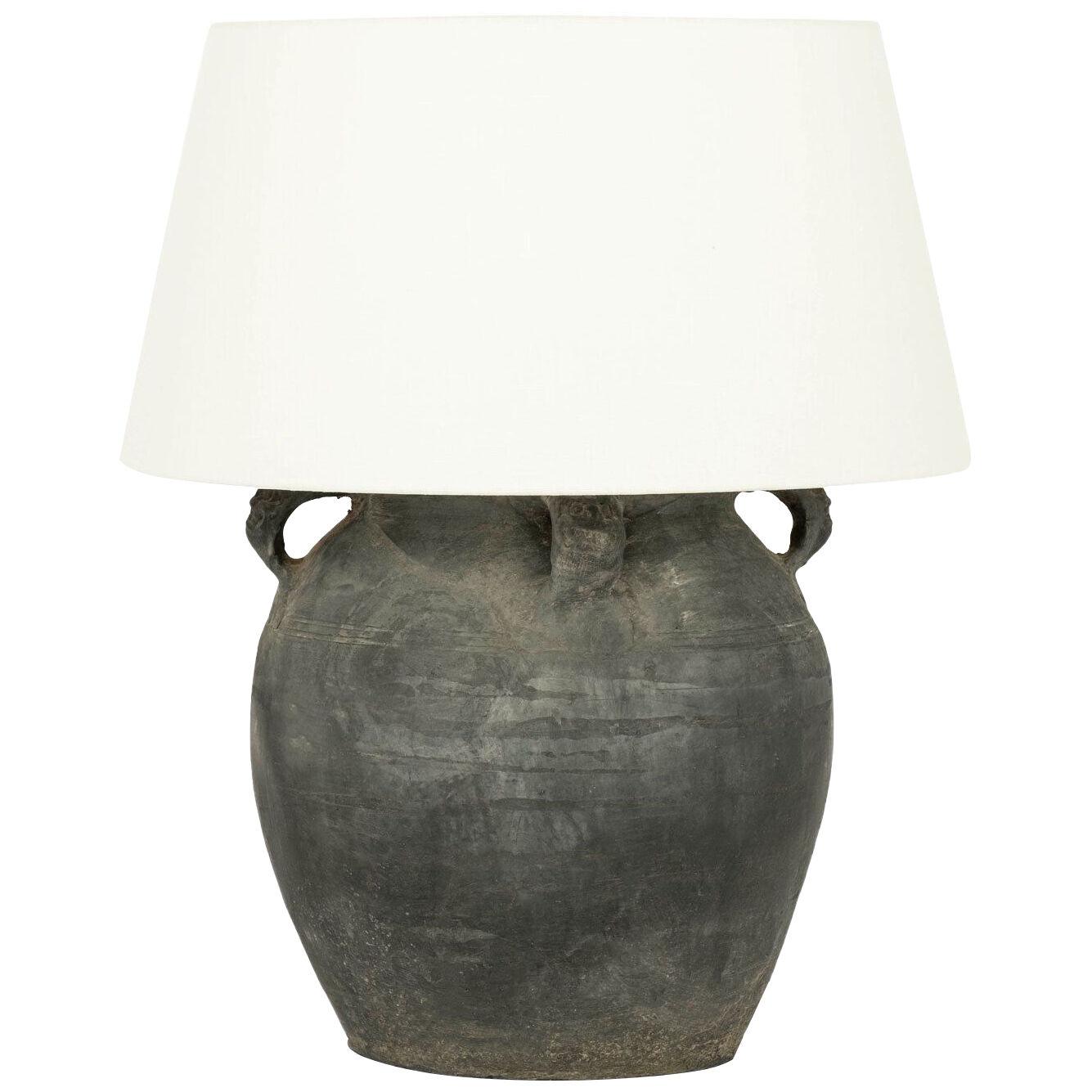 Matte Black Pottery Lamp with White Linen Shade
