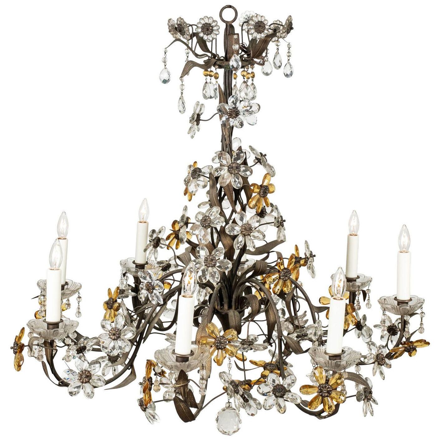 Gilt Tole Italian Chandelier Decorated in Clear and Amber Crystal Flowers