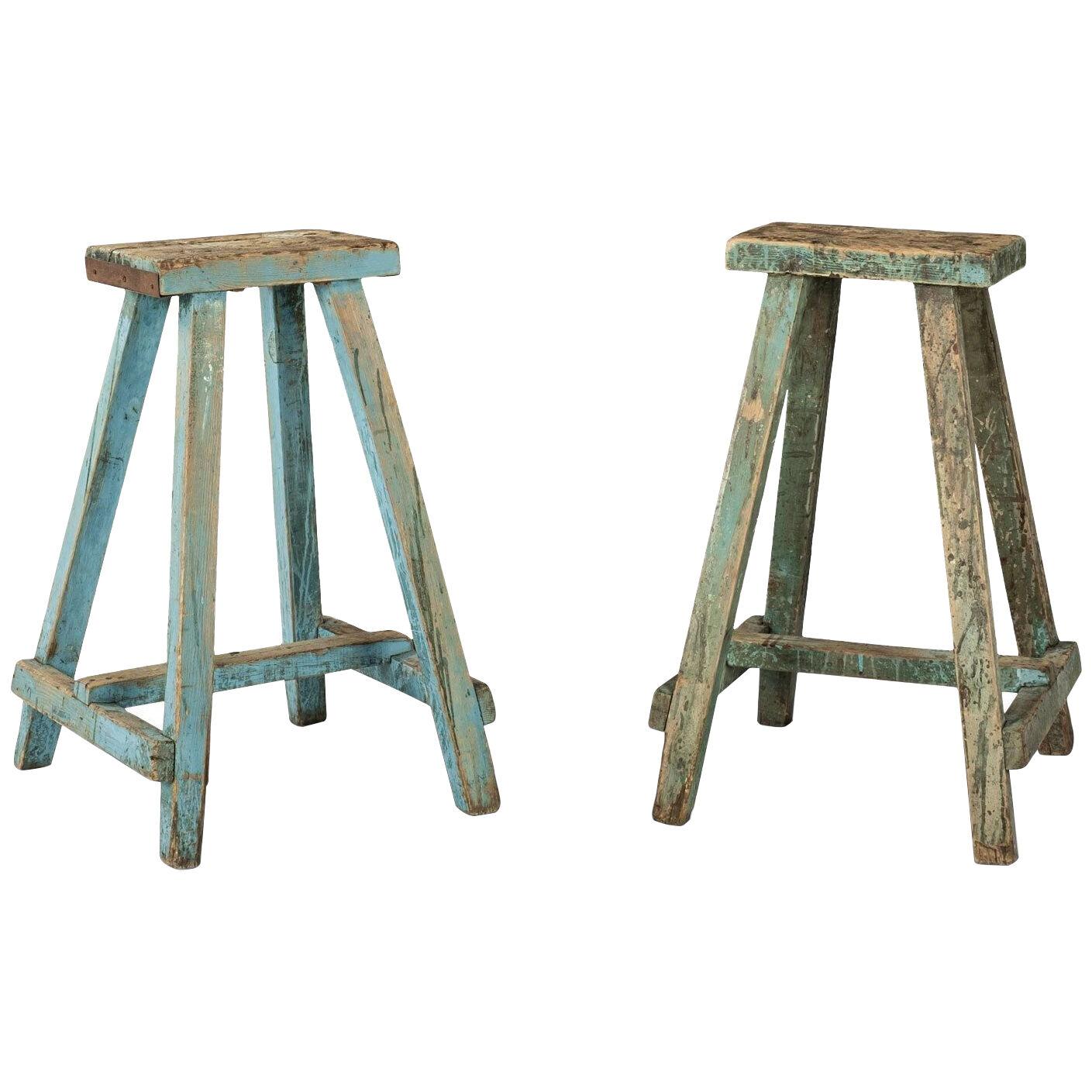 Pair of Rustic Blue Painted Side Tables