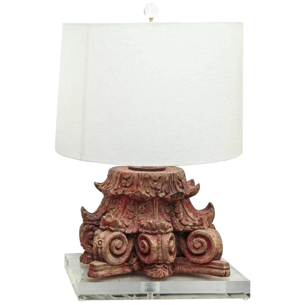 Lamp Fashioned from Red Painted Carved Capital