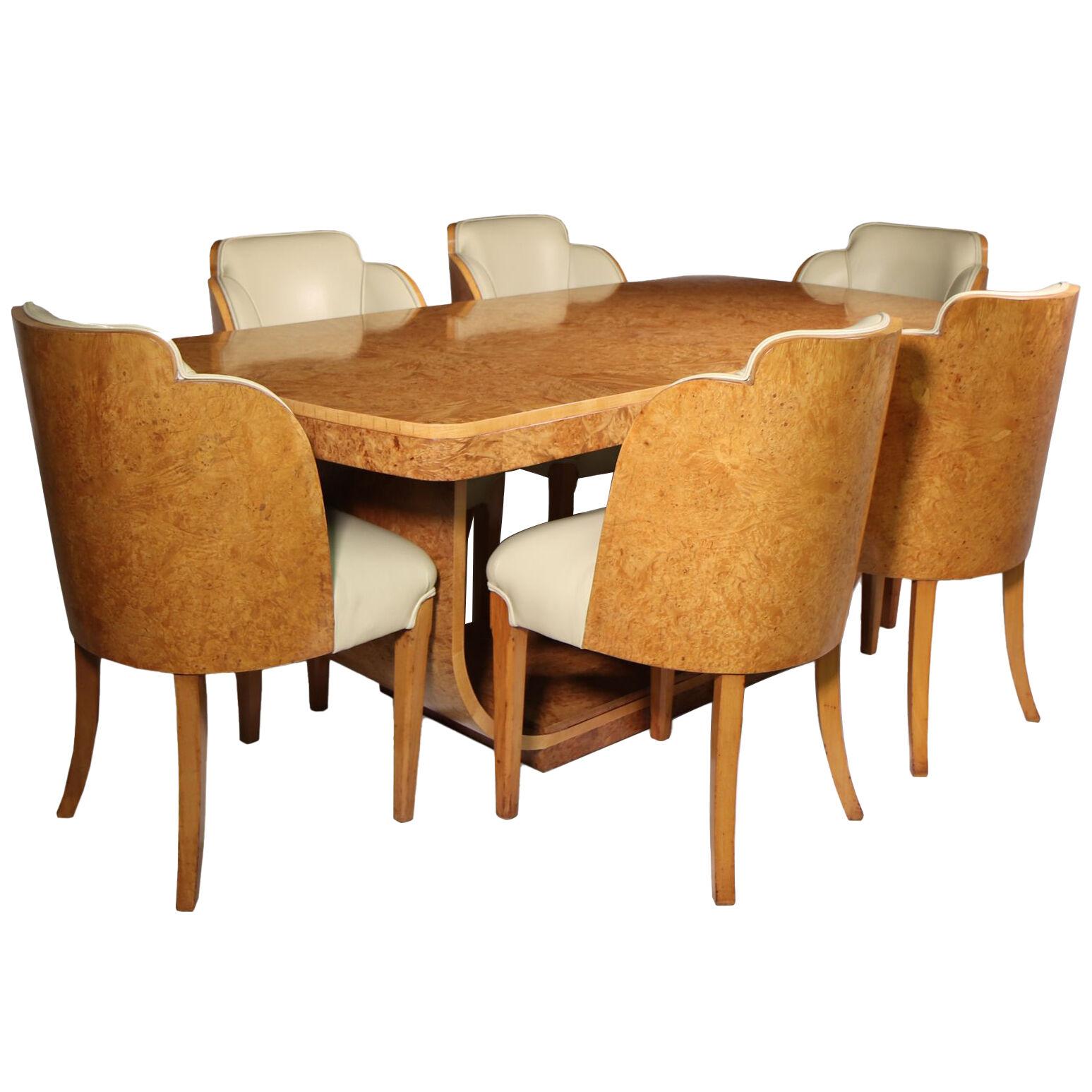 Art Deco Burr Maple Dining Table and 6 Cloud Chairs by Epstein