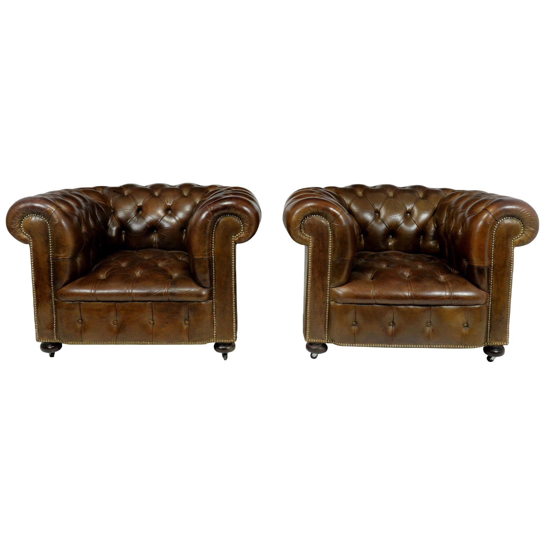 PAIR OF BROWN LEATHER CHESTERFIELD CLUB CHAIRS
