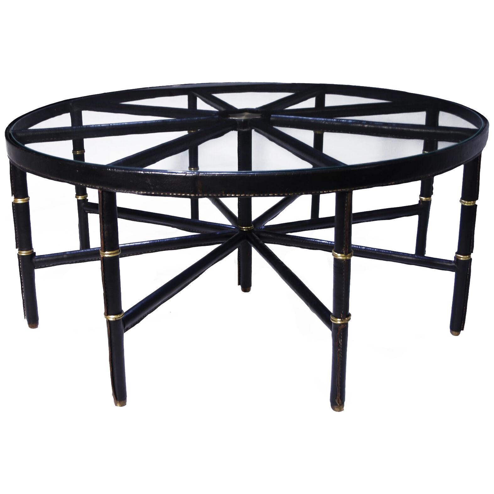 Stitched Leather and Brass Table by Jacques Adnet