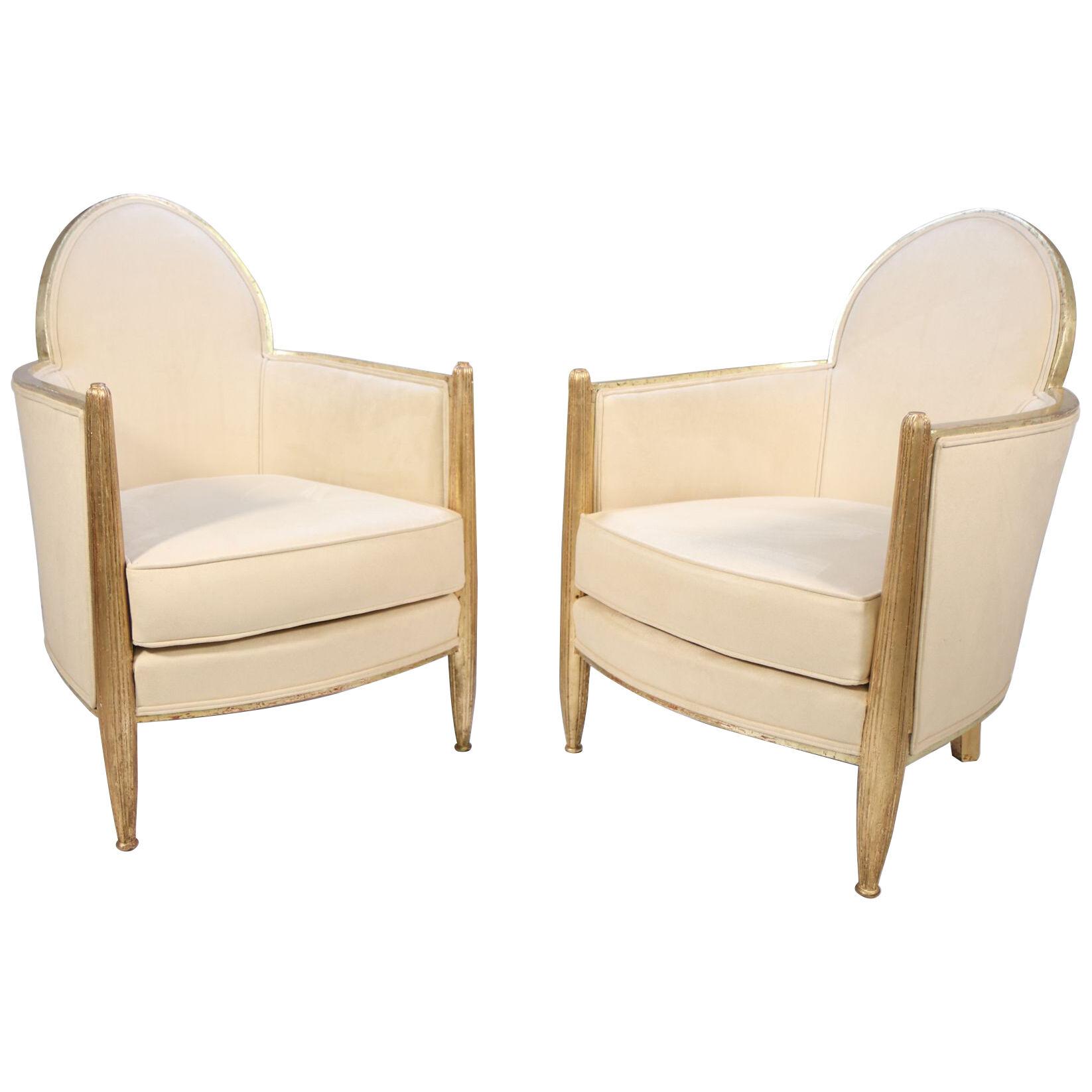 Pair of French Art Deco Armchairs in Parcel Gilt wood