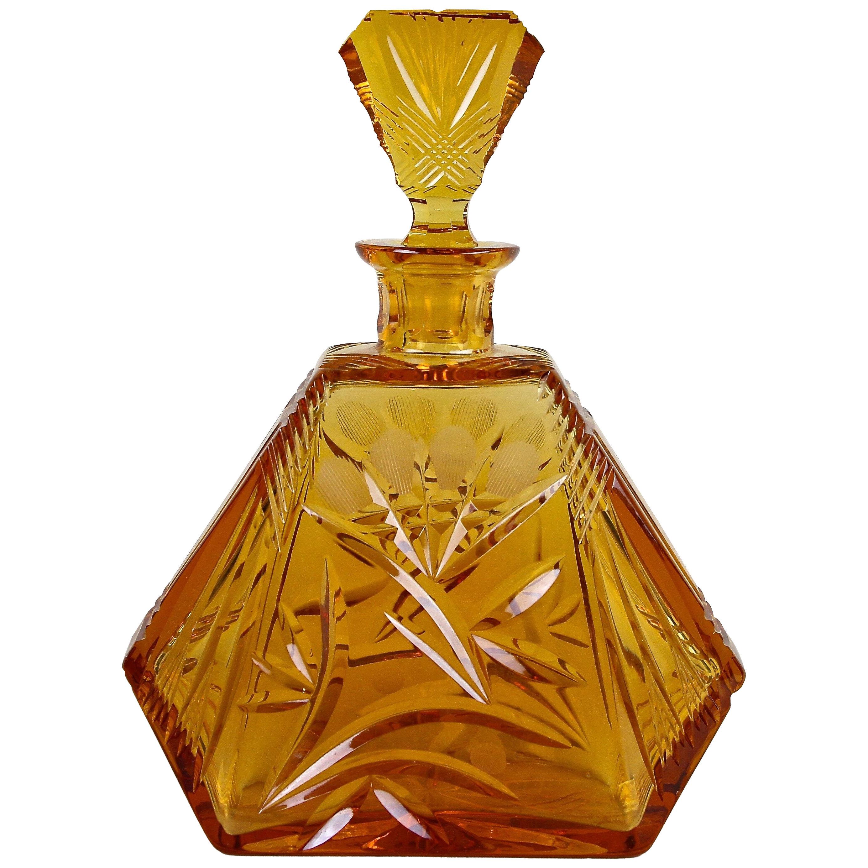 Art Deco Cut Glass or Liquor Bottle Amber Colored With Cap, Bohemia circa 1930