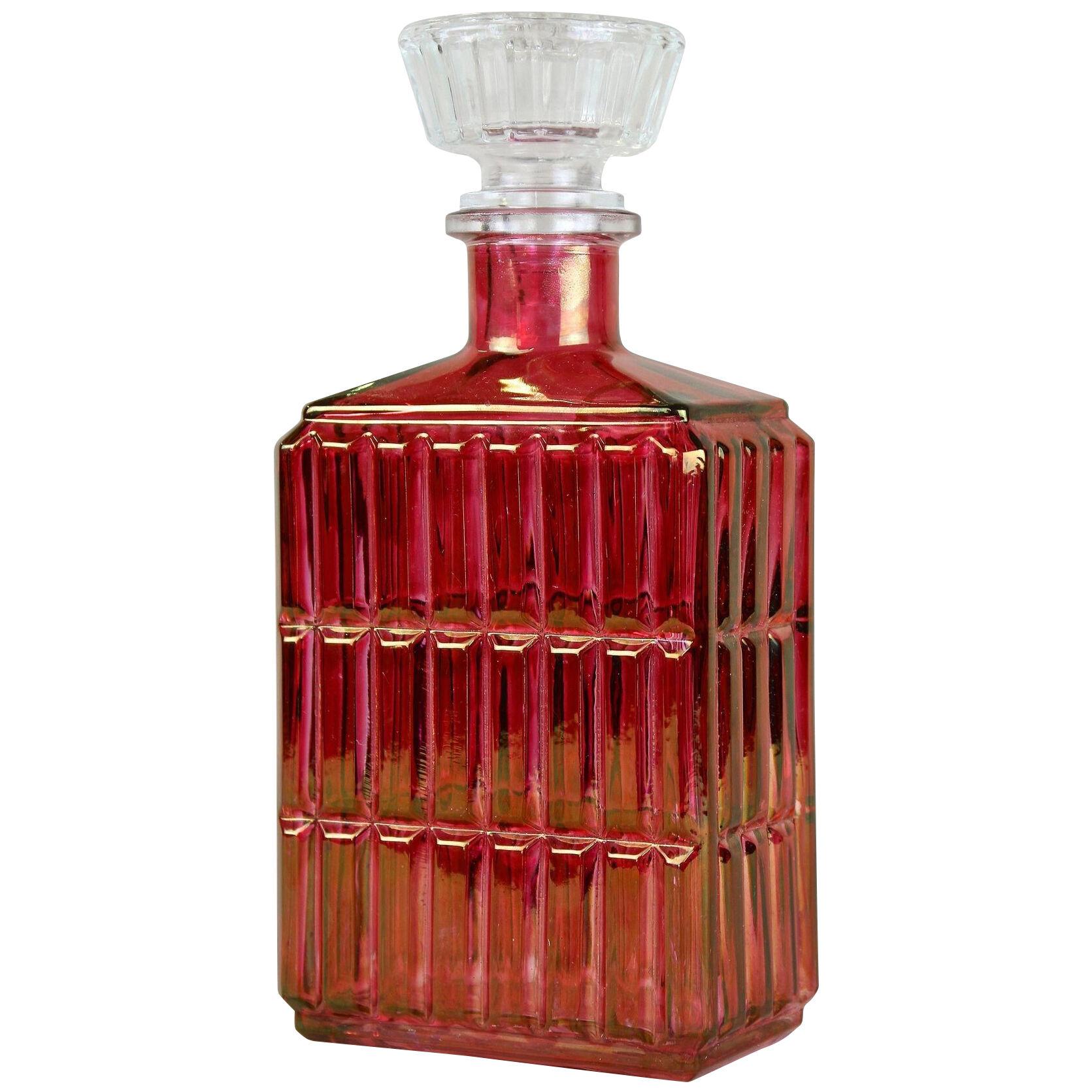 Art Deco Glass Decanter/ Liquor Bottle, Red/ Gold Iridescent, Austria ca. 1930
