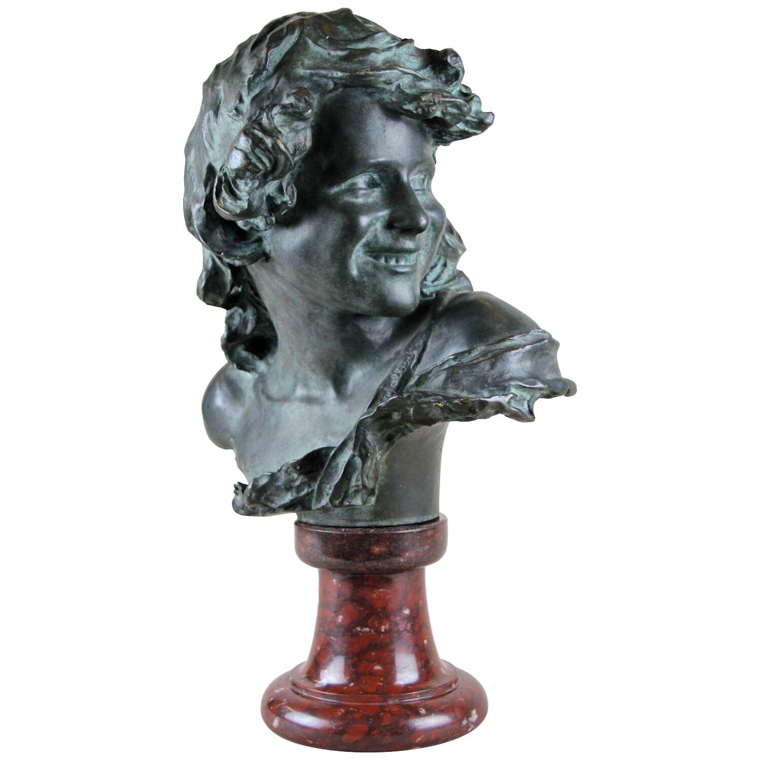 Bronze Bust on Red Marble Base by J. A. Injalbert Art Nouveau France, circa 1900