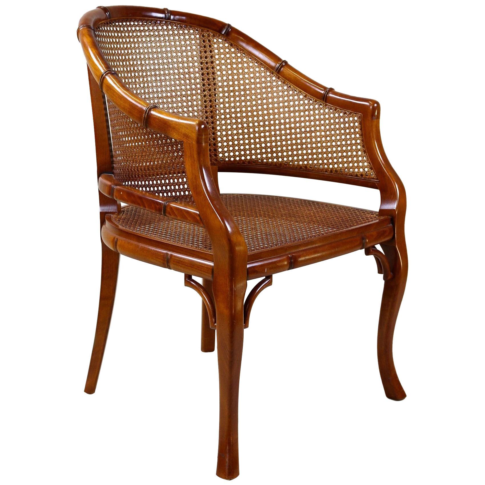 Mid-Century Faux-Bamboo Caned Barrel Armchair, Carved Nutwood, France ca. 1970
