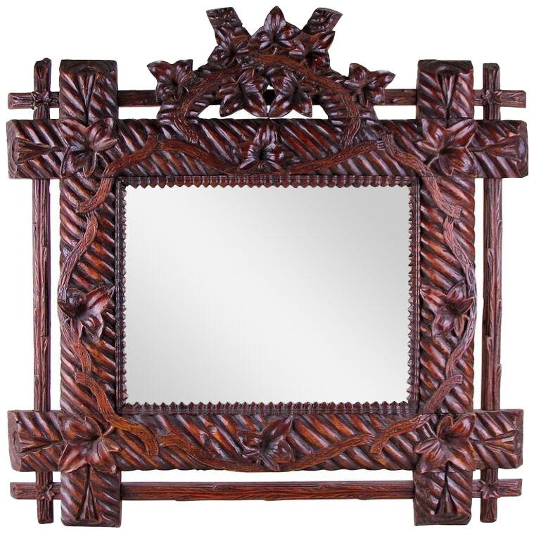 Black Forest Rustic Wall Mirror Hand Carved, Germany, circa 1880