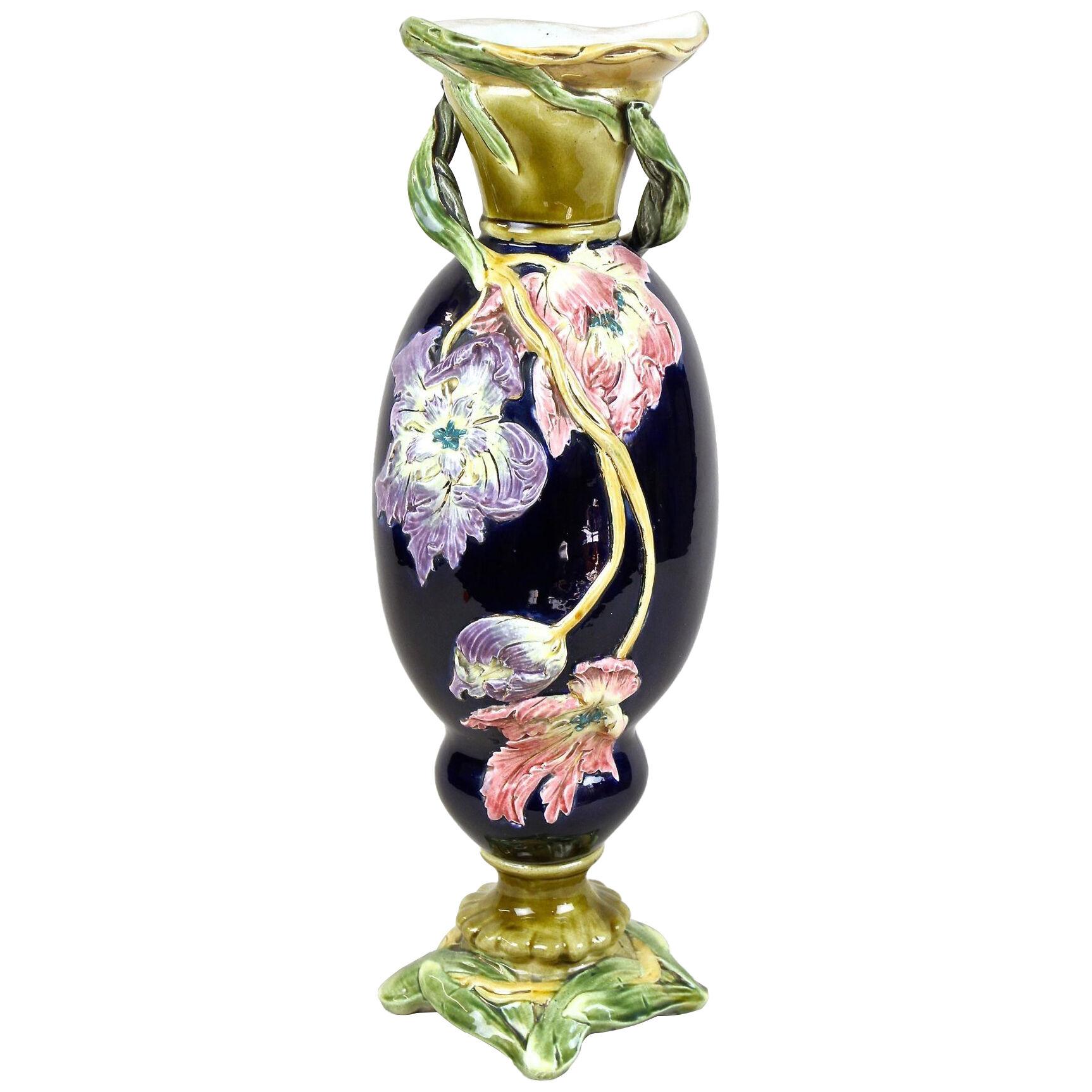 French Art Nouveau Majolica Vase With Floral Design, France circa 1900