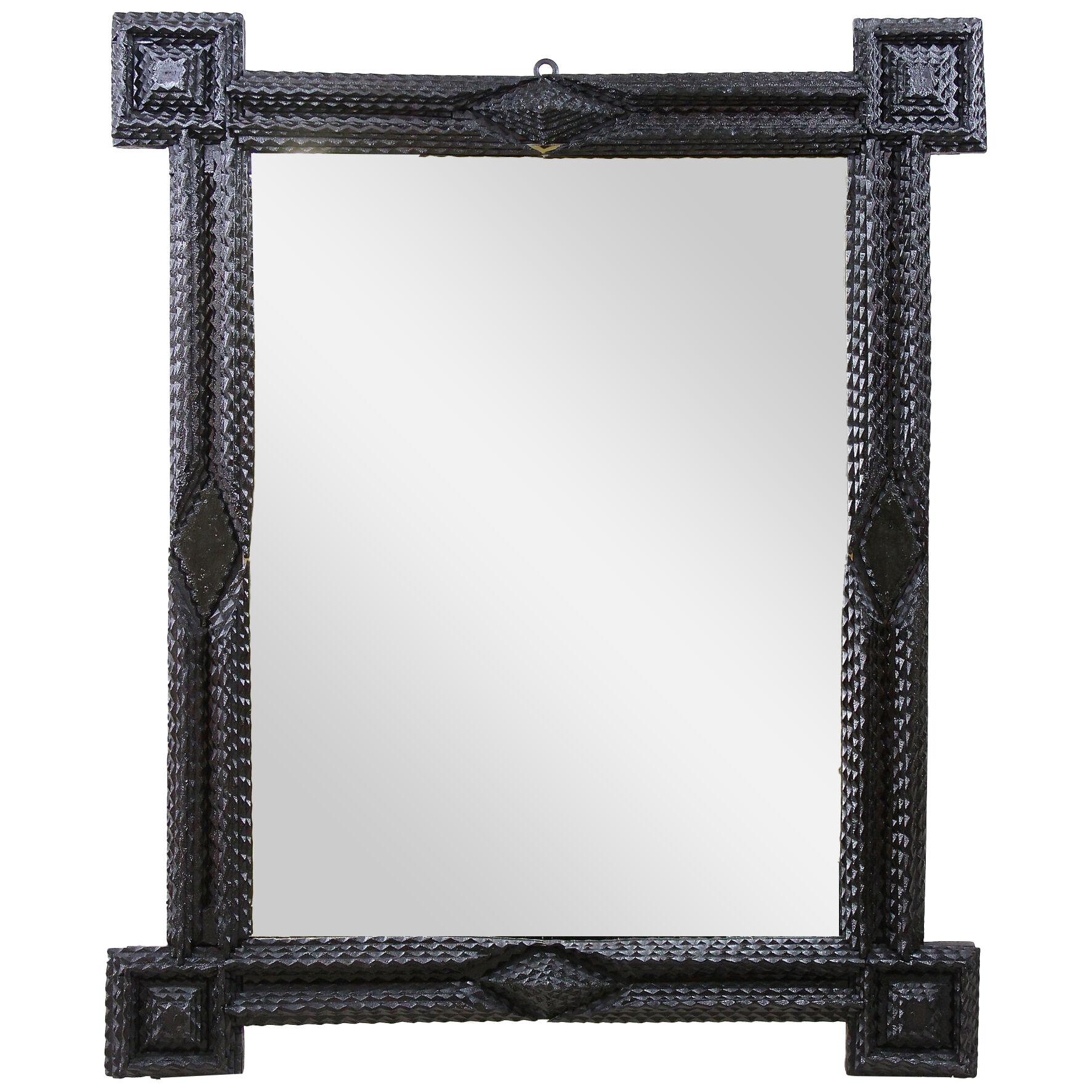 Tramp Art Rustic Wall Mirror With Extended Corners Handcarved, Austria ca. 1860