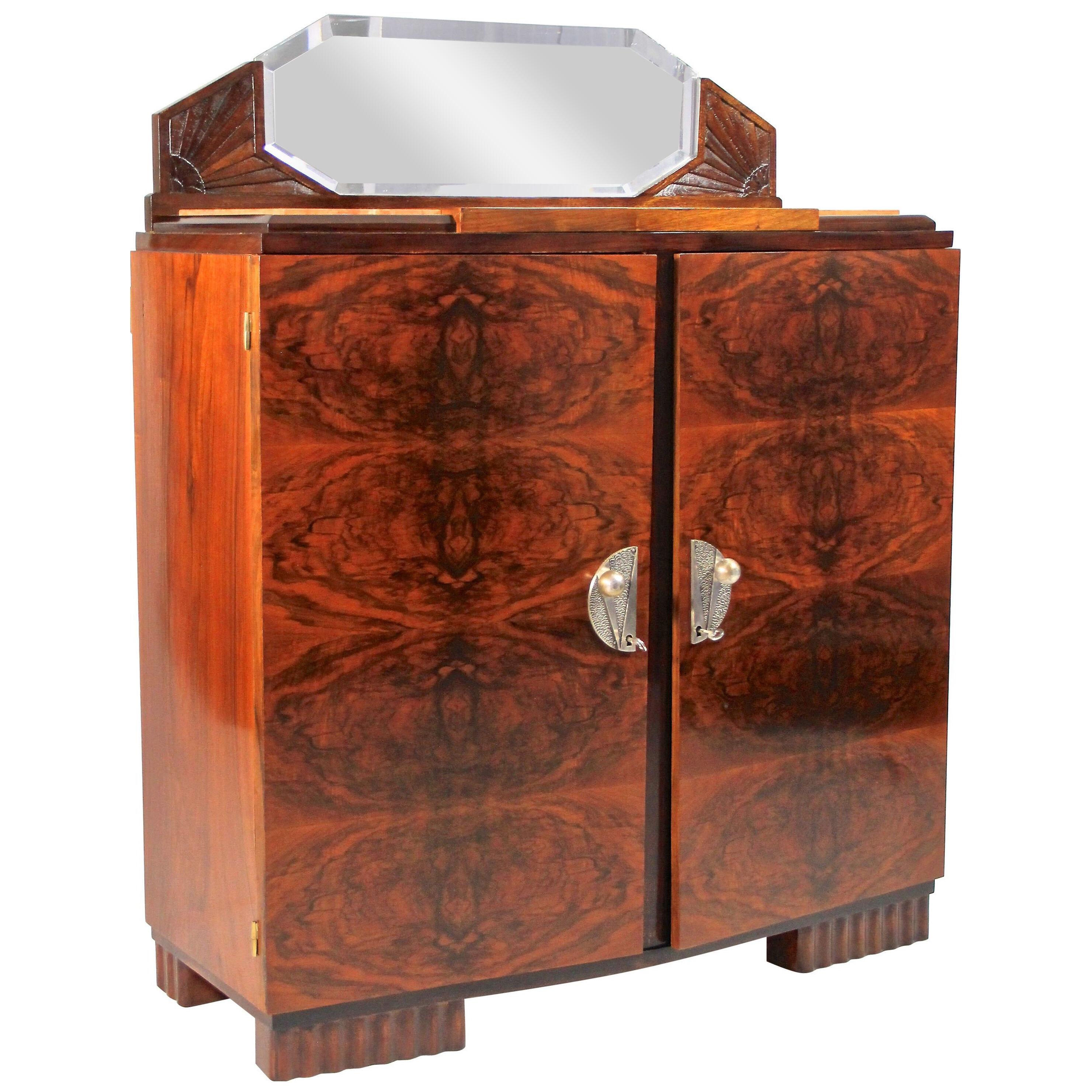French Art Deco Commode Burr Walnut With Mirror & Marble, France, circa 1925