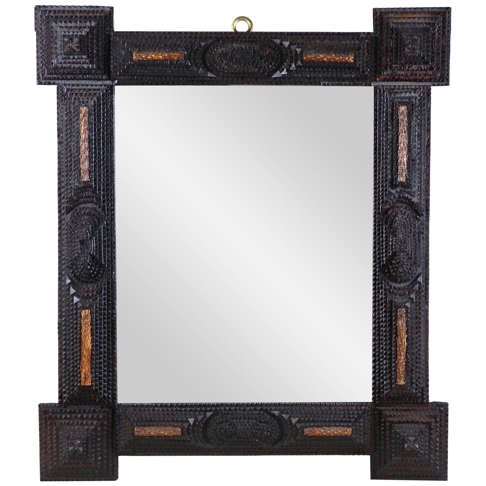 Rustic Tramp Art Wall Mirror With Spruce Branches, Austria circa 1890