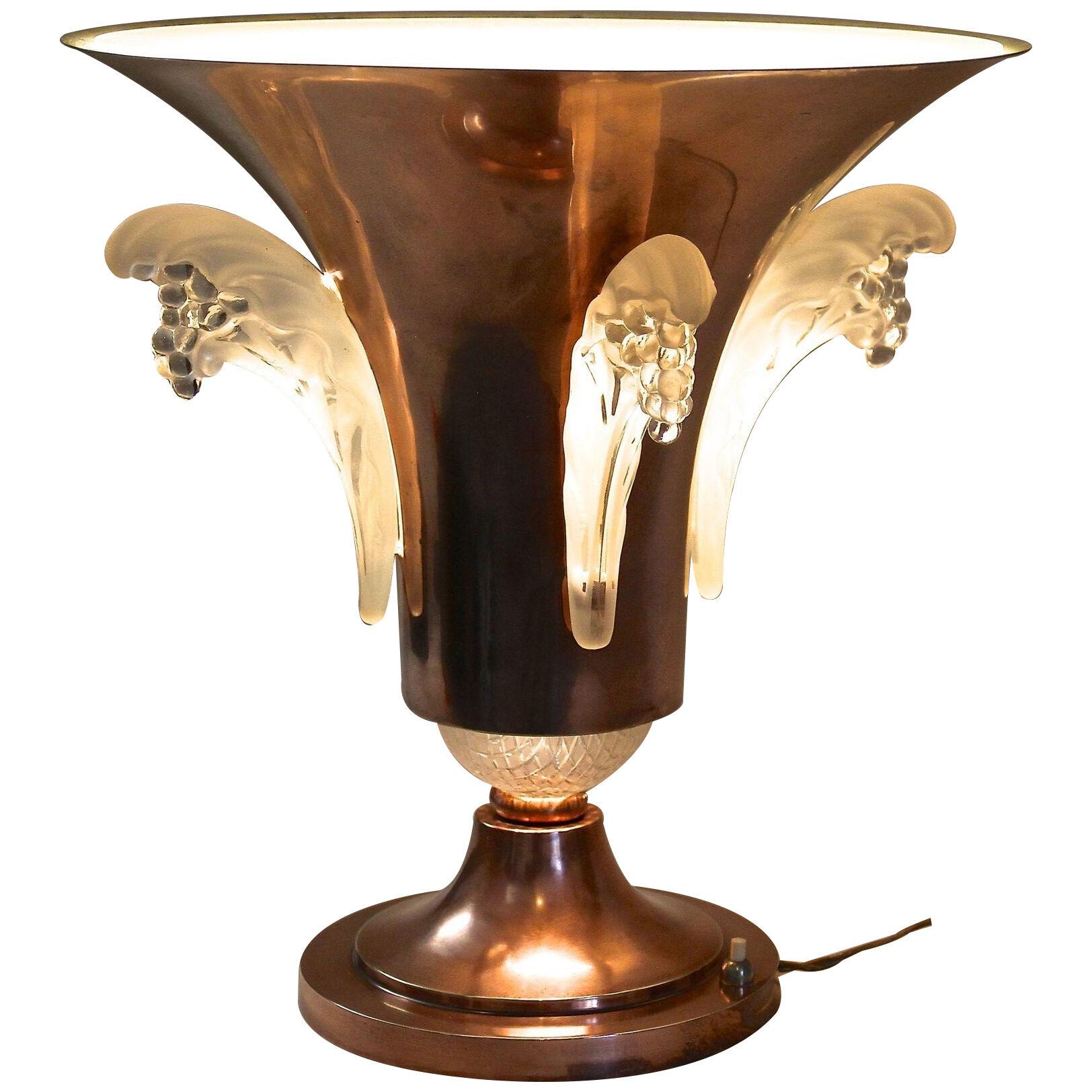 Art Deco Copper Table Lamp With Lalique Glass Elements, France circa 1925