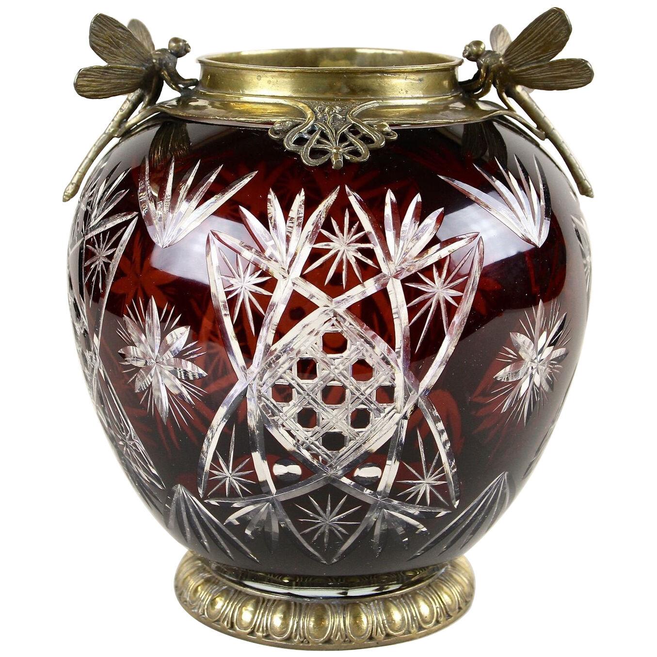 French Art Nouveau Cut Glass Vase With Bronze Dragonflies, France circa 1900