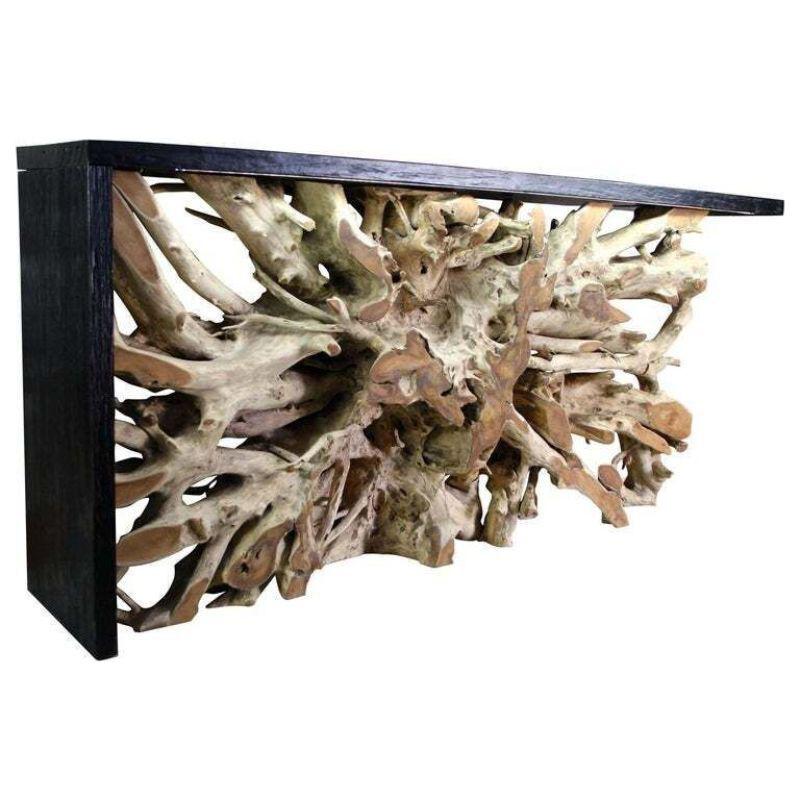 Illuminated Teak Wood Root Wall Console Table Framed with Black Wood