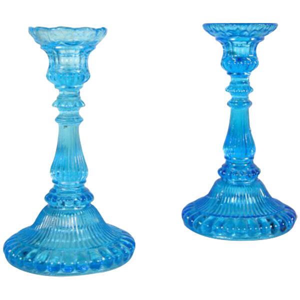 Blue Glass Candle Holders Art Deco, Set of Two, Austria, circa 1920