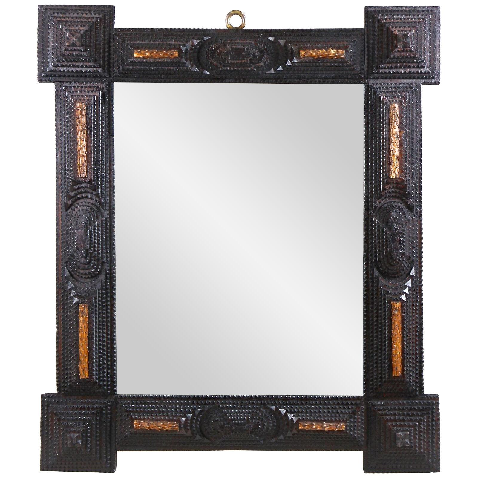 Tramp Art Rustic Wall Mirror With Spruce Branches, Austria circa 1890