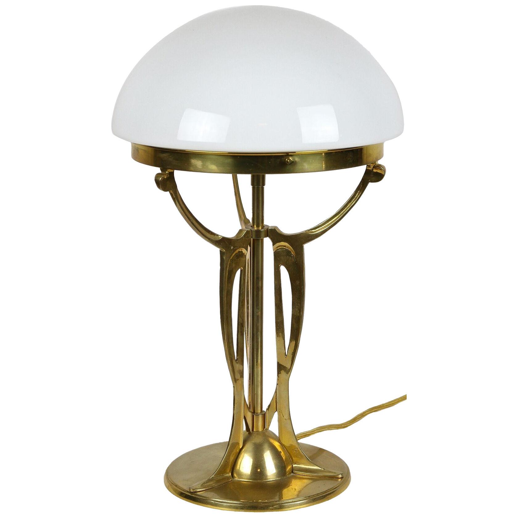 Art Nouveau Gilt Brass Table Lamp With White Glass Lampshade, Austria ca. 1910