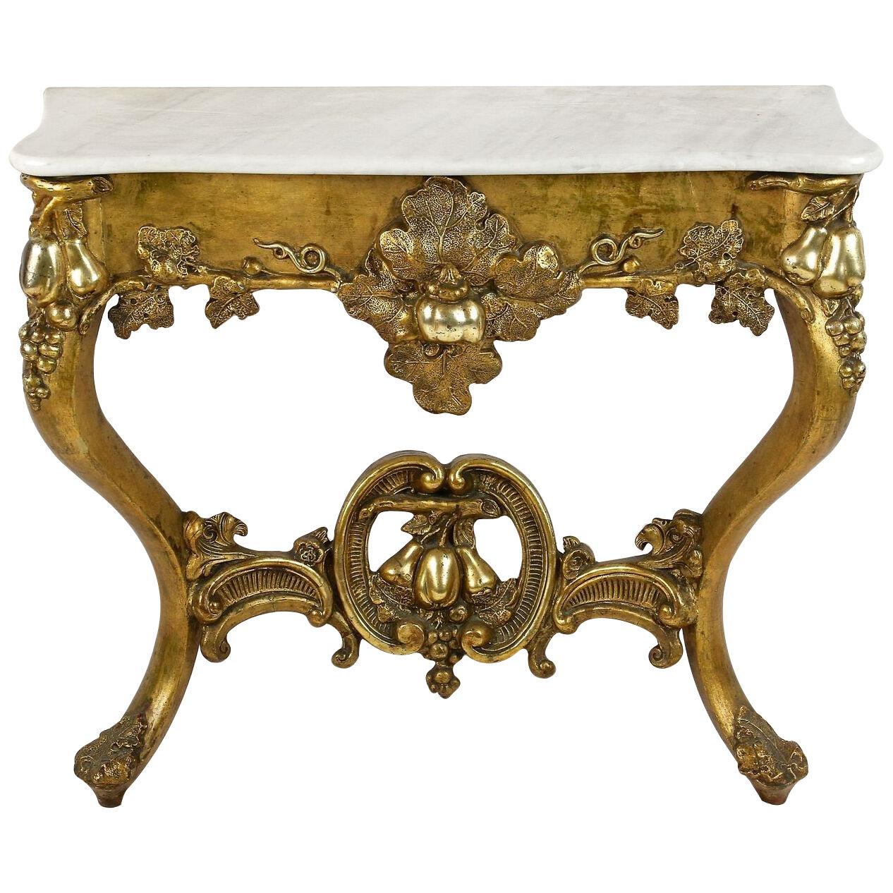 Gilt Baroque Wall Console Table Handcarved With Carrara Marble Top, ca. 1780