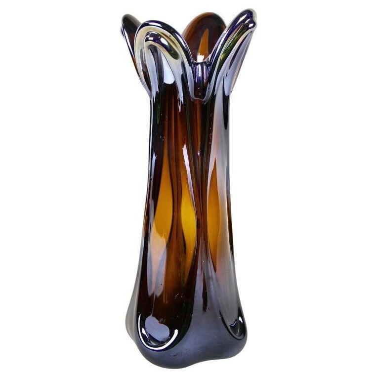 Iridiscent Murano Glass Vase Amber Colored with Chrome Effect, Italy circa 1970