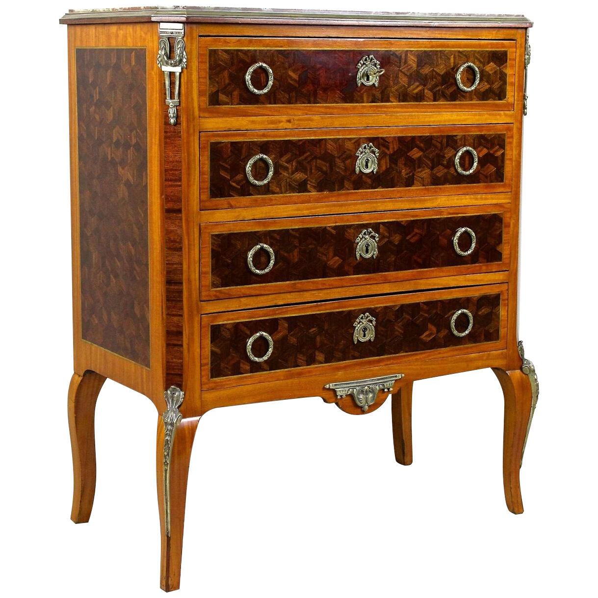 19th Century French Transitional Marquetry Chest Of Drawers, France circa 1870