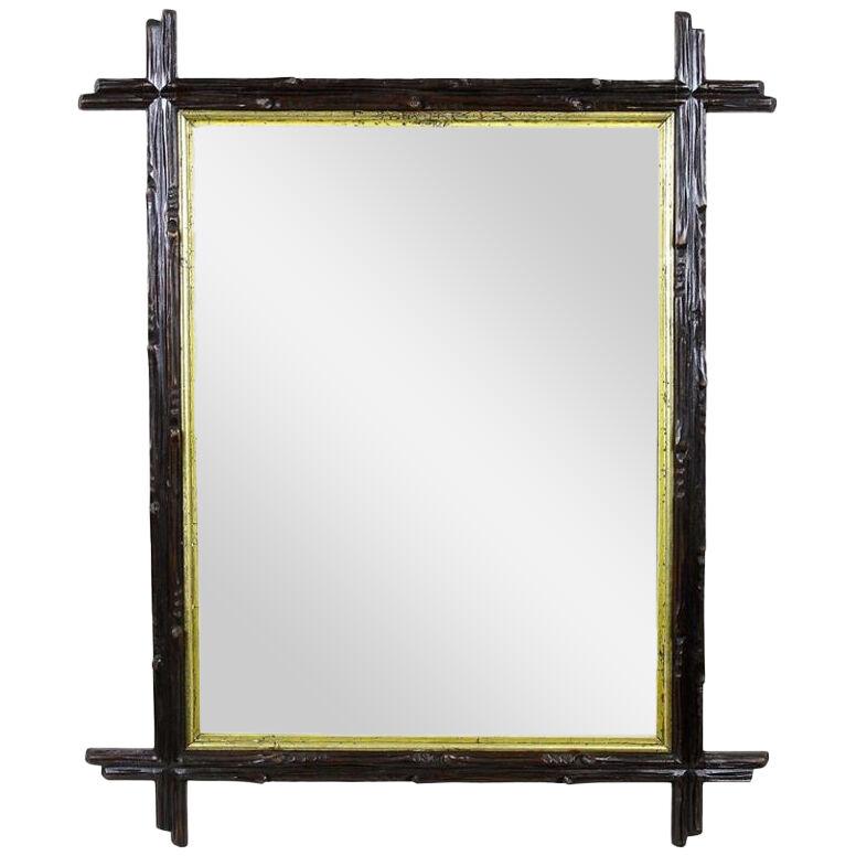 Black Forest Rustic Mirror with Gilt Bar, Hand Carved, Austria, circa 1880