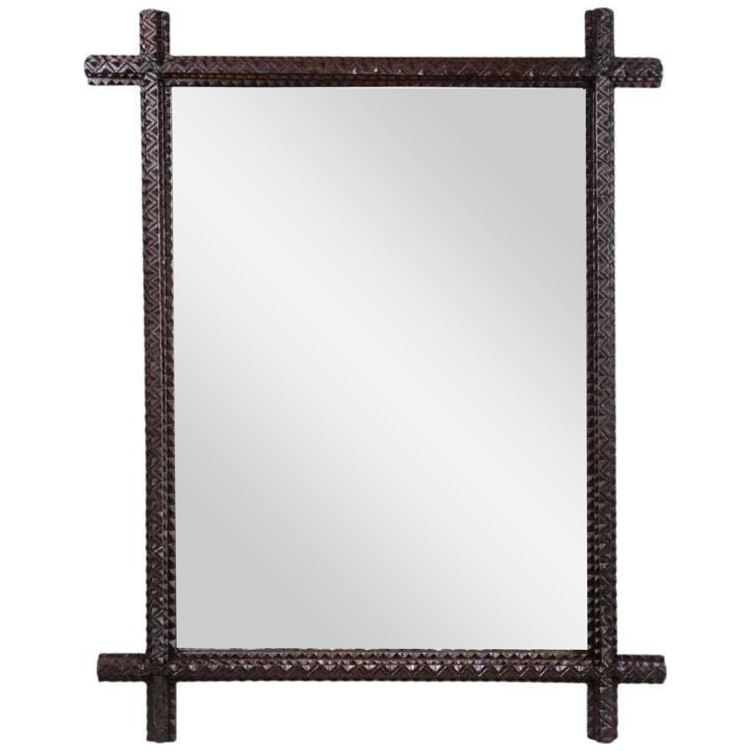 Rustic Tramp Art Wall Mirror With Extended Corners Hand Carved, Austria ca.1870