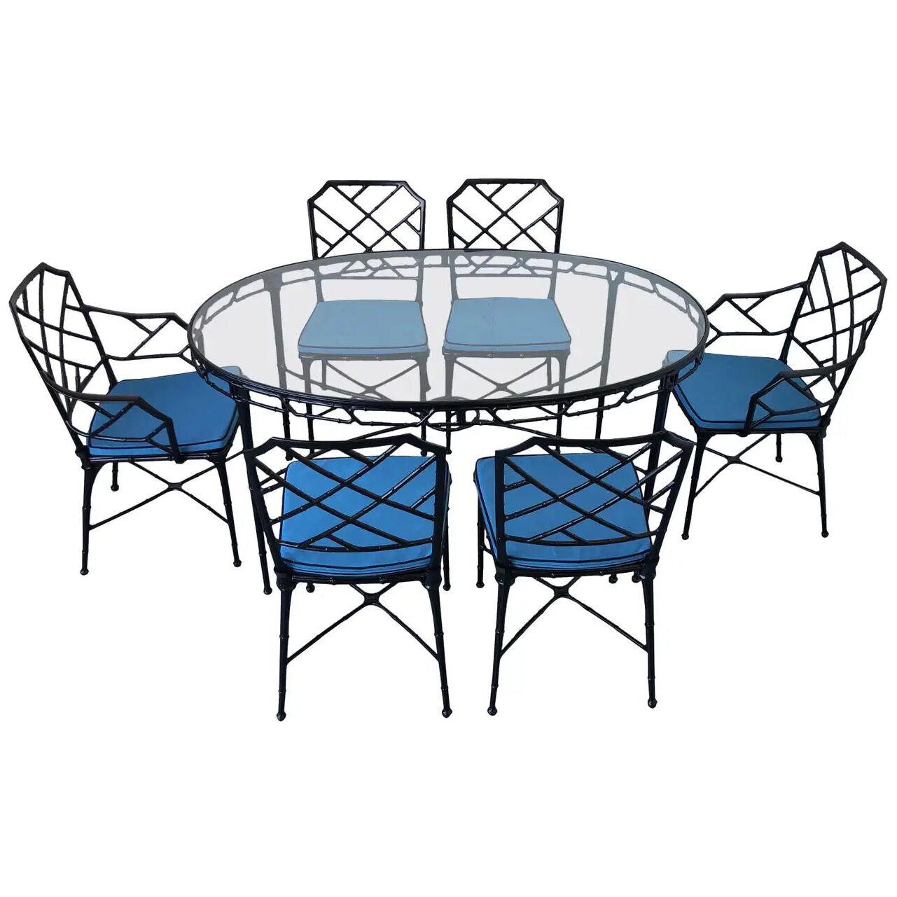 Aluminum Faux Bamboo Patio Table and Six Chairs by Brown Jordan