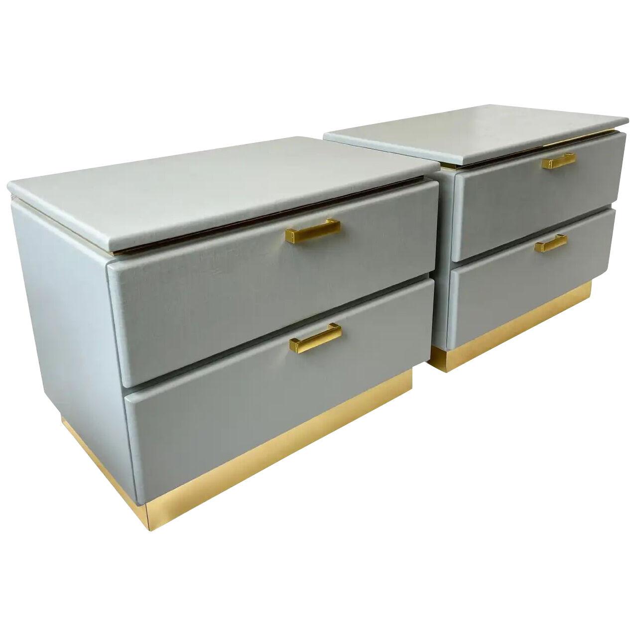 Pair of Custom Lacquered Linen and Brass Nightstands for Steve Chase