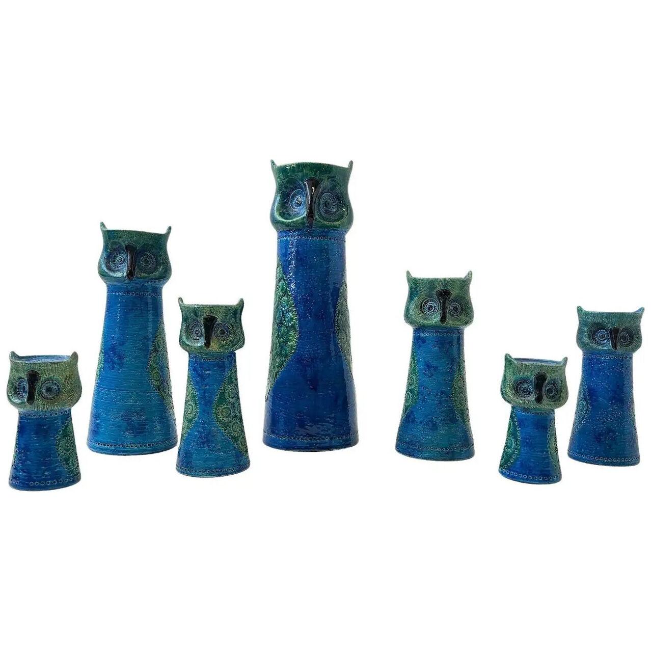 Set of Seven Italian Ceramic ‘Rimini Blue’ Owl Candle Holders by Bitossi