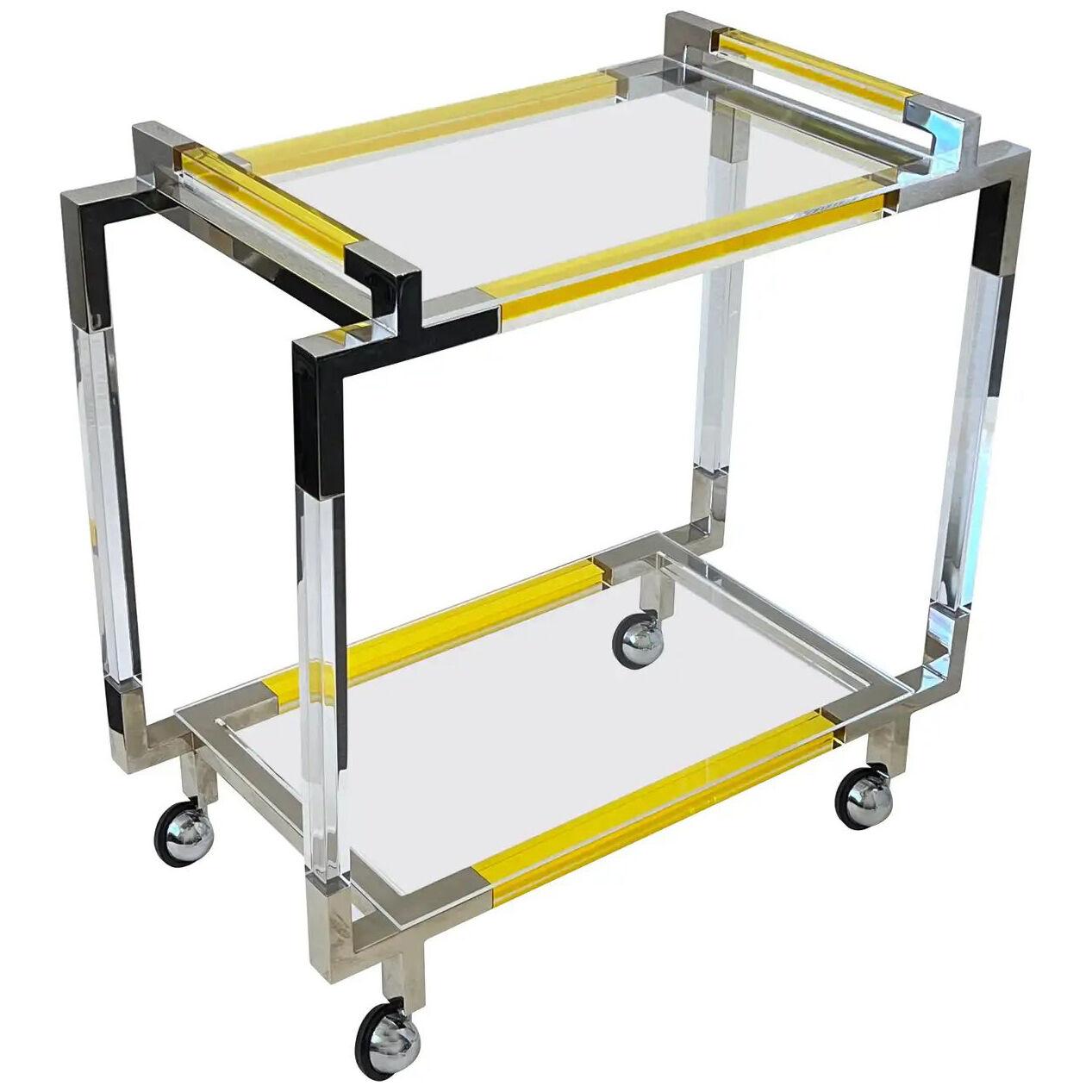 Yellow Lucite and Chrome Bar Cart by Charles Hollis Jones